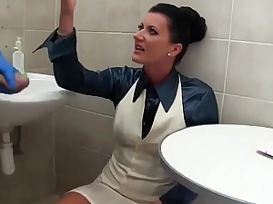 Glamorous pee babe cocksucking in bathroom fastening 3