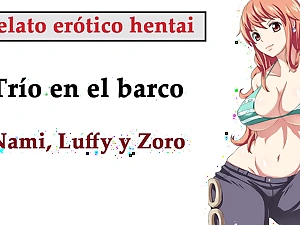 Spanish manga use nami luffy together with zoro have the impression triple on the boat