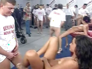 Public sex orgy with abhor almost hot chicks in a gigantic warehouse