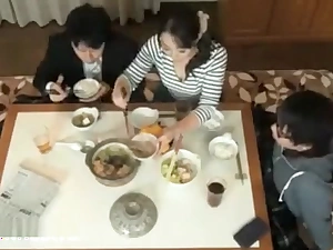 Japanese stepmom fucks lady subordinate to table