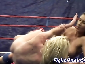 Lesbian adolescence wrestling increased by pussylicking